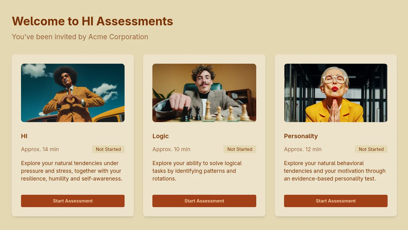 HI Assessments candidate welcome page showing friendly interface with HI, Logic, and Personality assessment options